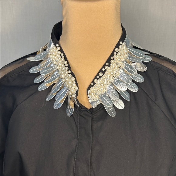 N by Nancy Black Blouse - Silver Embellished Collar | Size L | Statement Piece - Picture 2 of 7